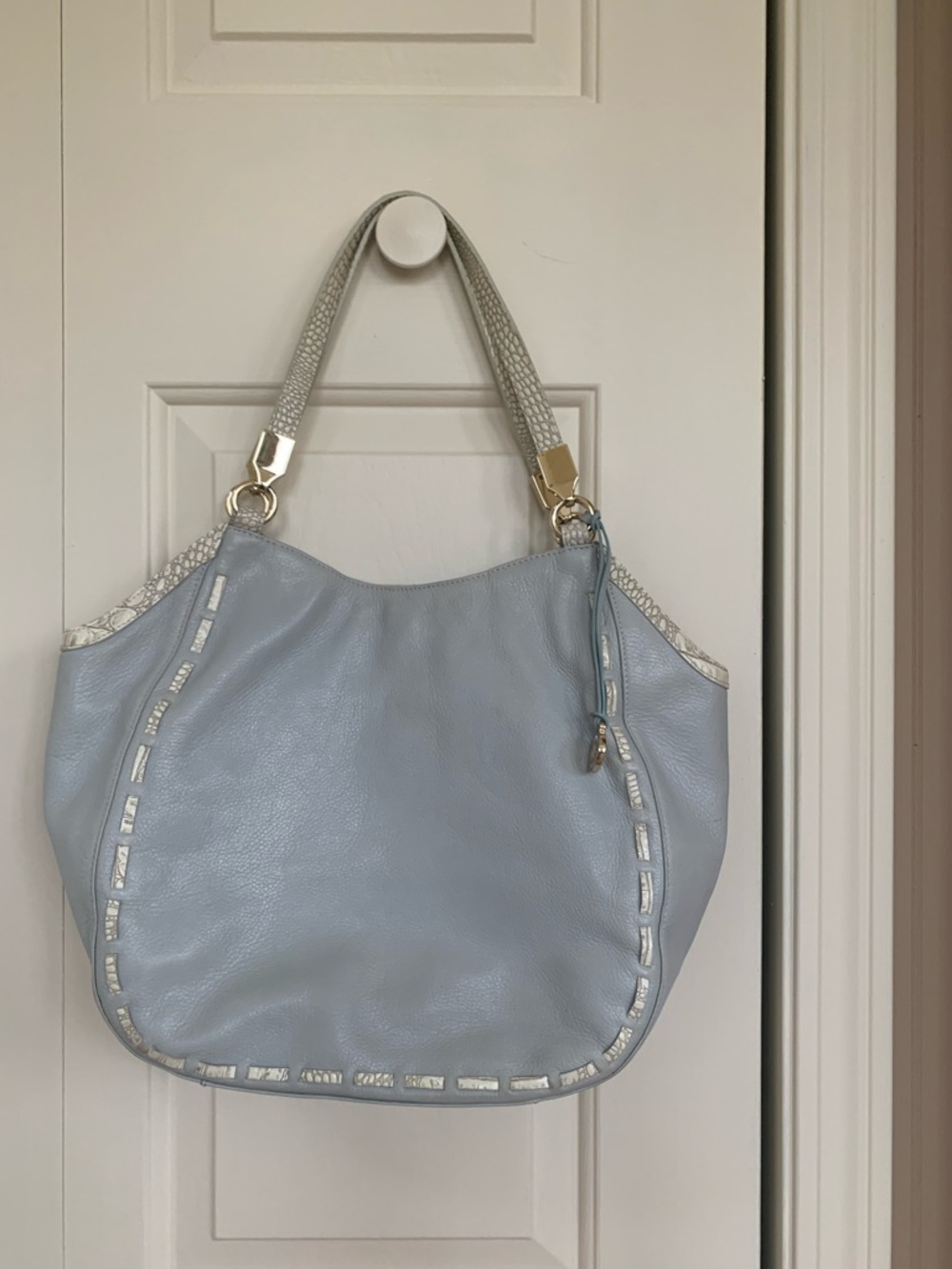 Brahmin Pale Blue Leather Shoulder Bag with Cream Trim